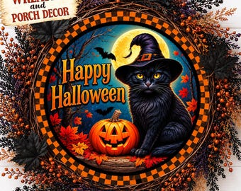 Happy Halloween Black Cat Wreath Sign Witch Cat Halloween Wreath Attachment Pumpkin Porch Decor  Spooky Round Front Door Sign Witch Themed