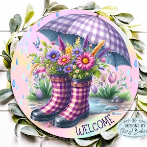 Spring Welcome Sign, Purple Floral Welcome Sign, Purple Wreath Sign, Spring Door Hang, Rain Garden Sign, Purple Welcome Sign, Spring Decor