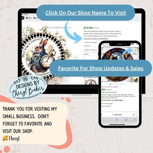 May include: A digital screen displaying a listing for a stained glass Alice in Wonderland themed round wall decor. The listing is for $10.99 and includes the text "Alice N Wonderland, Mad Tea Party Decor, March Rabbit Alice in Wonderland Decor, Mad Hatter Tea Party, White Rabbit, Once Upon Wonderland". The listing is on Etsy and the shop name is DesignsbyCherylBaker.
