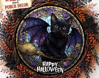 Black Cat Halloween Wreath Sign, Halloween Cat Door Hanger, Spooky Cute Halloween Decor Front Door Wreath Attachment Bat Cat Halloween Decor