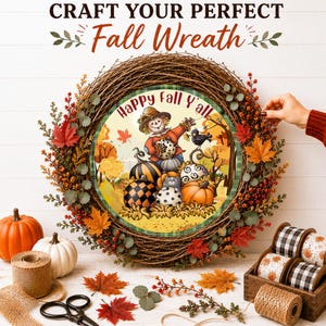 Pu&ograve; includere: Una ghirlanda di rami di vite decorata con foglie d'acero rosse e arancioni e bacche. Il centro presenta un cartello circolare con il testo Happy Fall Y'all, raffigurante uno spaventapasseri, zucche e un uccello nero in un paesaggio autunnale.