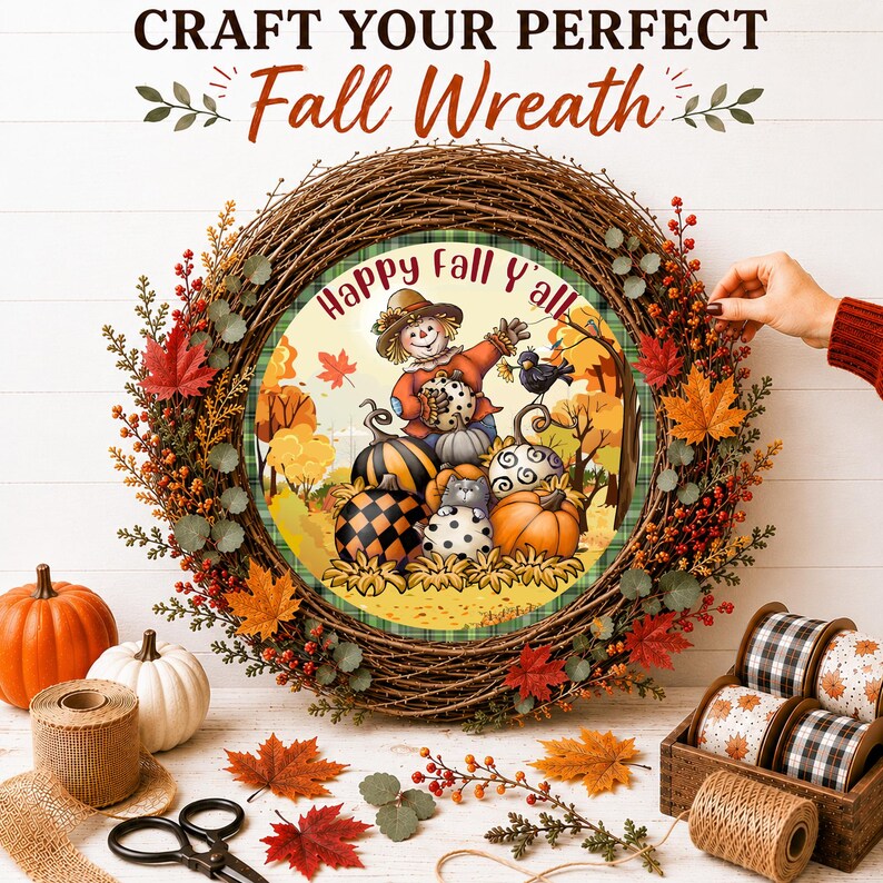 Pu&ograve; includere: Una ghirlanda di rami di vite decorata con foglie d'acero rosse e arancioni e bacche. Il centro presenta un cartello circolare con il testo Happy Fall Y'all, raffigurante uno spaventapasseri, zucche e un uccello nero in un paesaggio autunnale.