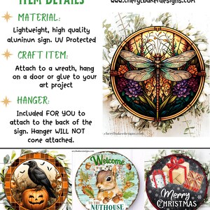 May include: Three round metal signs with different designs. The first sign features a black crow perched on a jack-o-lantern. The second sign features a squirrel with the text "Welcome to the Nuthouse". The third sign features a red and white gift box with the text "Merry Christmas".
