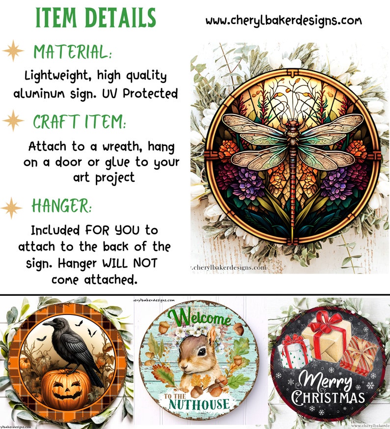 May include: Three round metal signs with different designs. The first sign features a black crow perched on a jack-o-lantern. The second sign features a squirrel with the text "Welcome to the Nuthouse". The third sign features a red and white gift box with the text "Merry Christmas".
