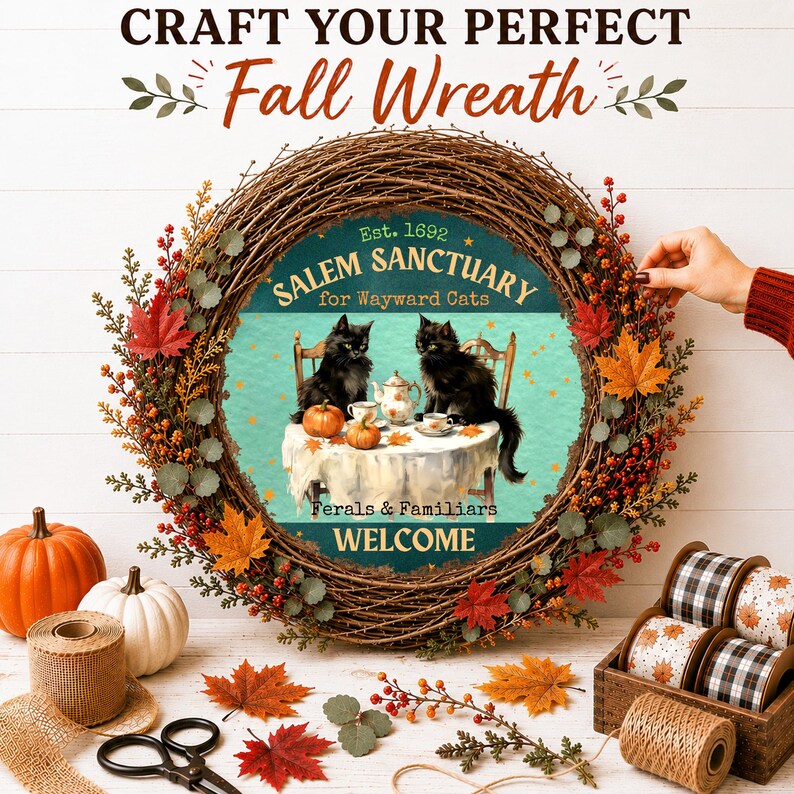 May include: A round grapevine wreath decorated with autumn leaves and berries, featuring a central sign that reads SALEM SANCTUARY for Wayward Cats Est. 1692, depicting two black cats at a table with tea and pumpkins, with the text WELCOME below.