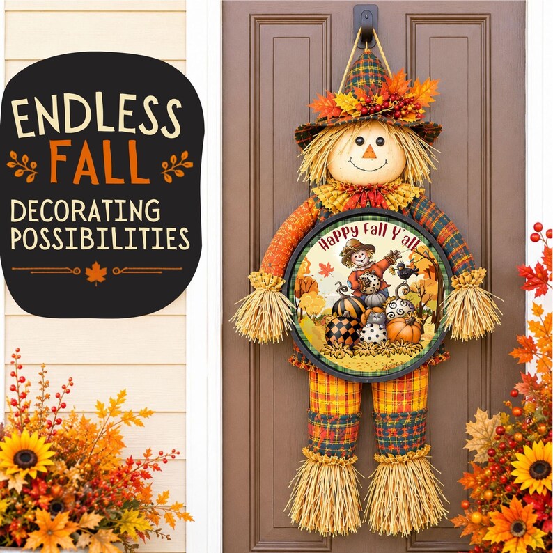 Happy Fall Yall Scarecrow Wreath Sign, Pumpkin Door Hanger, Round Metal Autumn Wreath Attachment for Front Porch Decor, Fall Door Decor Gift immagine 4
