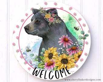 Bear Wall Sign, Welcome Wreath Signs, Wreath Attachments, Welcome Door Hanger, Outdoor Welcome Sign Front Door, Spring Swag Black Bear Decor
