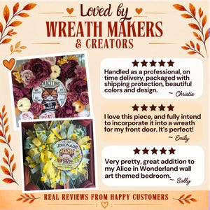 May include: A promotional graphic titled Loved by Wreath Makers & Creators featuring two circular signs. One sign depicts a cat with the text No Soliciting, No Politics, No Religious Callers, No Salesmen, Just Go Away. The other sign shows a gnome with Lemonade text.