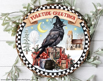 Yuletide Greetings, Yule Decoration, Yule Wreath Sign, Wicca Yule Decor Pagan, Yuletide Decor, Wiccan Door Sign, Wiccan Gifts for Yule, Crow