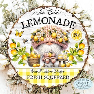 Lemon Wreath Sign, Lemon Door Hanger, Fresh Lemonade Sign, Summer Round Sign Gnome Wreath Sign, Lemon Front Porch Decor, Lemon Signs