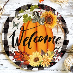 Fall Pumpkin Welcome Wreath Sign, Metal Wreath Sign, Round Wreath Sign, Door Hanging, Front Door Door Decor, Pumpkin Sign for Door
