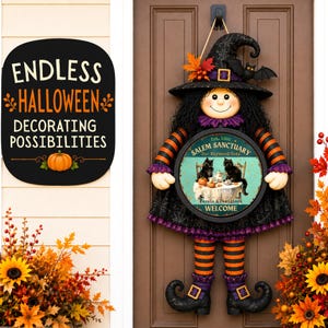 May include: A black sign with white and orange text reading ENDLESS HALLOWEEN DECORATING POSSIBILITIES and a pumpkin icon. Beside it, a witch door hanger features a black hat, striped orange and black leggings, and a circular sign.