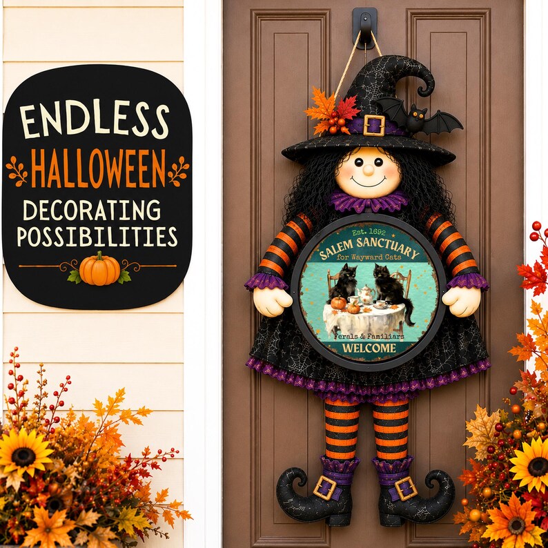 May include: A black sign with white and orange text reading ENDLESS HALLOWEEN DECORATING POSSIBILITIES and a pumpkin icon. Beside it, a witch door hanger features a black hat, striped orange and black leggings, and a circular sign.