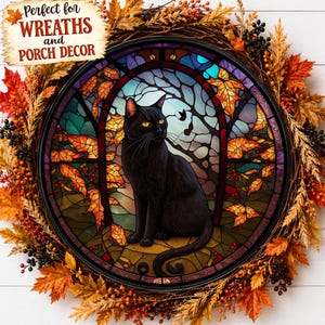 Black Cat Door Hanger, Fall Door Wreath Sign, Samhain Decorations, Faux Stained Glass Cat, Falls Signs, Samhain Decor Halloweens Decorations