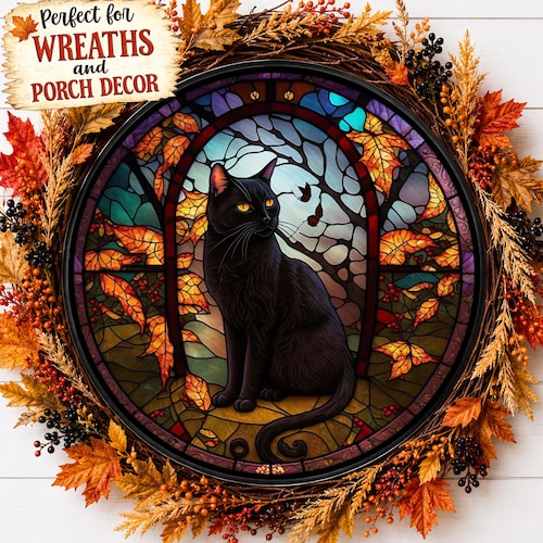 Black Cat Door Hanger, Fall Door Wreath Sign, Samhain Decorations, Faux Stained Glass Cat, Falls Signs, Samhain Decor Halloweens Decorations