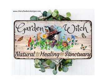 May include: A rustic wooden sign with the text "Garden Witch Natural Healing Sanctuary". The sign features a whimsical illustration of a witch with a black hat and flowing purple dress surrounded by flowers, butterflies, and woodland creatures.