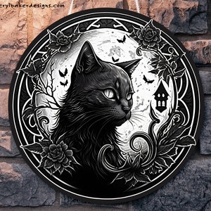 Black Cat Door Hanger, Witch Wreath Sign, Samhain Decorations, Wiccan Decor, Falls Signs, Samhain Decor, Halloweens Decorations, Gothic Cat