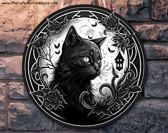 Black Cat Door Hanger, Witch Wreath Sign, Samhain Decorations, Wiccan Decor, Falls Signs, Samhain Decor, Halloweens Decorations, Gothic Cat