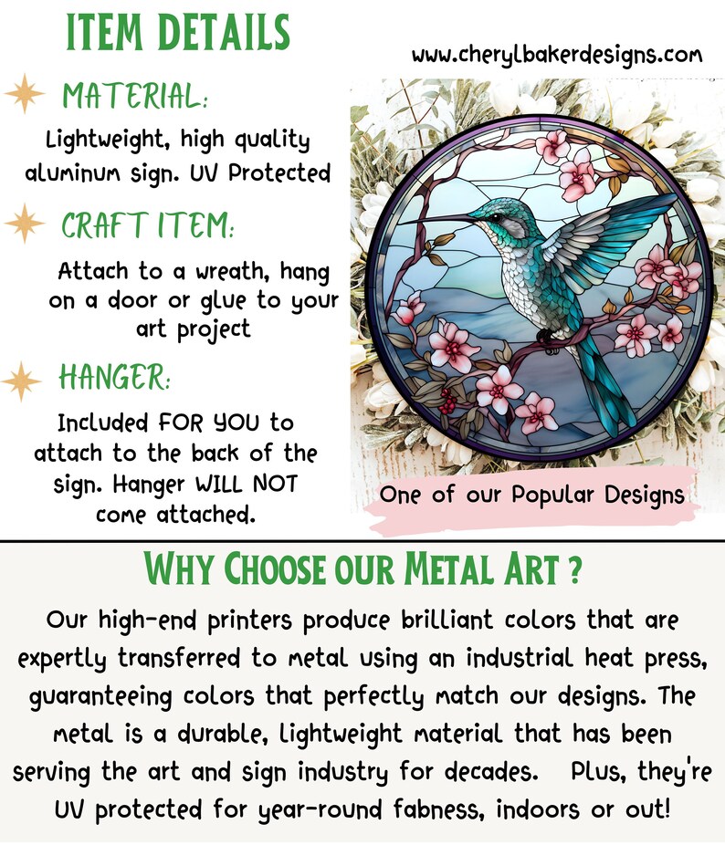 Puede incluir: Un letrero redondo de metal con un dise&ntilde;o de vitral de un colibr&iacute; en vuelo con flores rosas. El letrero est&aacute; protegido contra los rayos UV y viene con un colgador. El texto "One of our Popular Designs" est&aacute; en la parte inferior de la imagen.