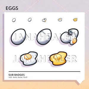 May include: A set of cartoon egg illustrations showing the stages of an egg from whole to cracked and then to a fried egg. The text "EGGS" is at the top of the image. The text "SUB BADGES" is at the bottom of the image with the text "SIZE: 18x18 / 36x36 / 72x72" below it.