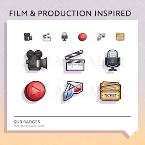 May include: A set of nine colorful icons representing film and production elements. The icons include a film camera, a clapperboard, a microphone, a play button, 3D glasses, and movie tickets. The icons are arranged in a grid pattern on a white background. The text "SUB BADGES" and "SIZE: 18x18 / 36x36 / 72x72" are at the bottom of the image.