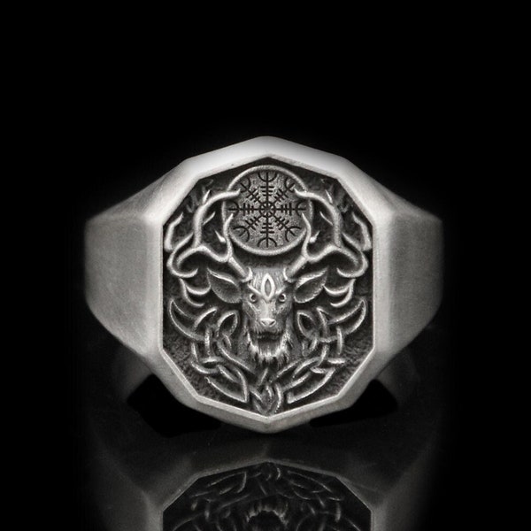 Deer & Vegvisir Ring Nordic Celtic Runes⋆Sterling Silver Mens Ring Gift Ideas⋆Cadeau de Noël pour papa et mari⋆Viking Rune Ring Nordic