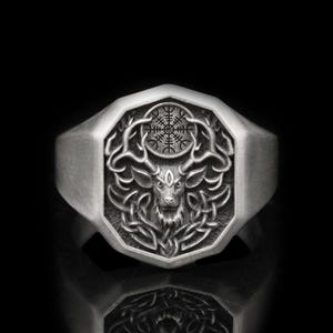 Decagonal Deer Celtic Vegvisir Ring – 925 Silver Engravable Norse Nature Band, Viking Protection Gift for Him or Her