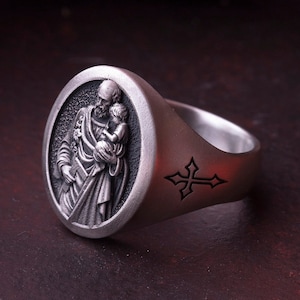 St. Joseph Signet Ring - 925 Silver Patron Saint of Fathers & Workers, Catholic Protection Jewelry, Christian Gift
