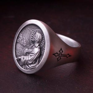 Jesus Prayer Signet Ring - 925 Silver Christian Devotion Ring, Catholic Faith Jewelry, Religious Gift for Him & Her