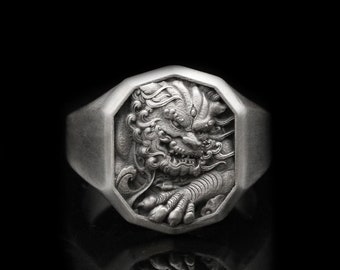 Decagonal Foo Dog Ring – 925 Silver Guardian Lion Band, Engravable