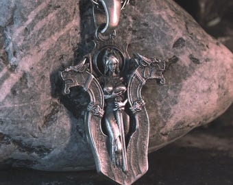 Freya Necklace, Norse Goddess, Sword Pendant, Dragon Jewelry, Viking Necklace, Mythology Charm, Norse Warrior, Goddess Jewelry