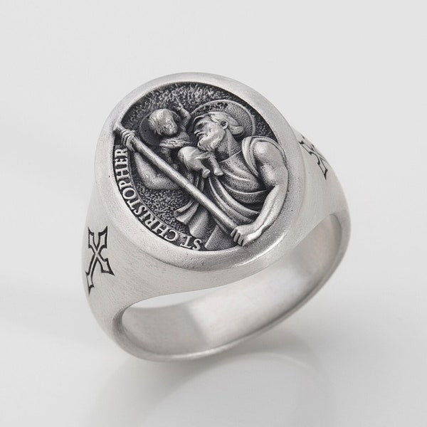 Silver St Christopher Signet Ring for Men⋆Catholic Jewelry Personalized Gifts for Men⋆Religious Jewelry Sterling Silver⋆Saint Christopher