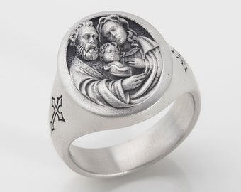 Holy Family Silver Ring | Silver Signet Ring for Men | Religious Jewelry Gift Ideas for Husband | Christian Rings | Holy Family Signet Ring