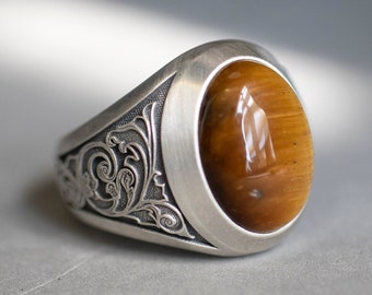 Oxidized Sterling Silver Tigers Eye Ring, Boho Gemstone Jewelry