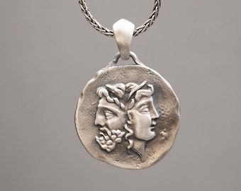 Silver Ancient Janus Coin Pendant, Greek Janus Jewelry, Roman God Janus Necklace, Antique Coin Jewelry, Roman Necklace, Gift For Men