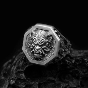 Silver Oni Mask Ring, Unique Rings For Men Silver Hannya Mask Ring Hannya Ghost Ring Oxidized Biker Ring Japanese Oni Jewelry 925k Gift Him