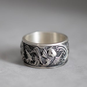 Handmade Sterling Silver Japanese Koi Fish Ring, Traditional Japan Jewelry, Japanese Ring, Asian Silver Fish Ring, Engraved Asian Band