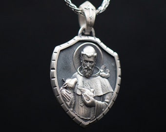 St. Francis of Assisi Shield Pendant – 925 Sterling Silver Patron of Animals Medal, Catholic Protection Gift for Nature Lovers