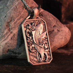 Koi Engraved Necklace, Carp Pendant, Asian Inspired, Symbol of Strength, Fortune Amulet, Water Element Jewelry