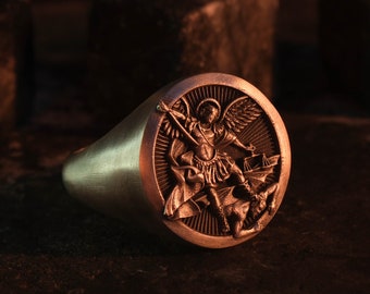 St. Michael Defeating Satan Ring - 925 Silver Archangel Protection, Catholic Warrior Signet, Christian Gift for Him or Her