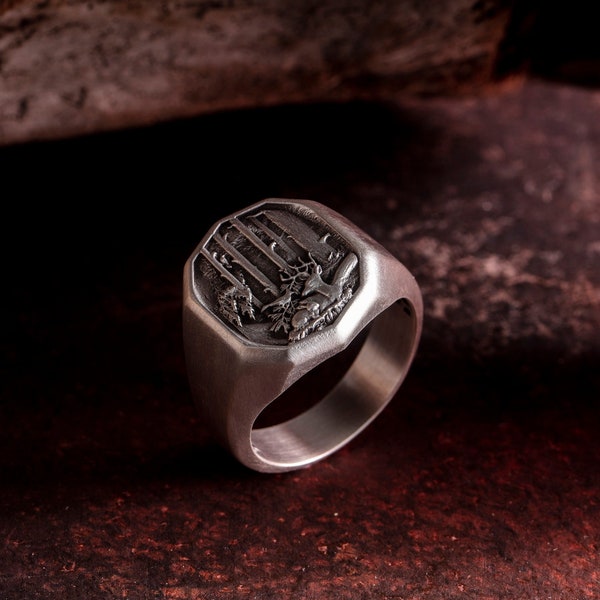 Bague de cerf en argent | Bague de cerf nature en argent sterling pour hommes | Idées cadeaux de Noël Bijoux personnalisés faits à la main et significatifs