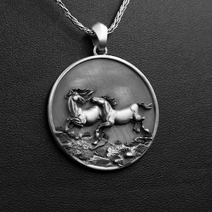 Silver Running Horse Pendant – Round Medallion Necklace with Galloping Horses for Equestrian & Power Symbol Lovers