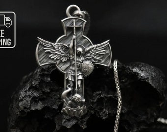 Sterling Silver Saint Michael the Archangel Pendant Crucifix Medallion| Customizable Christianity Religious Jewelry| Personalized Gift Men