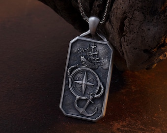 Silver Nautical Compass Anchor Pendant Necklace – Maritime Ship Voyage Jewelry Gift
