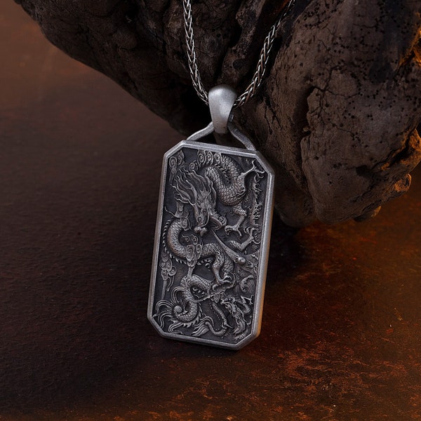 Silver Dragon Necklace | Sterling Silver Asian Mythology Dragon Amulet Pendant for Men | Chinese Dragon Necklace | Dragon Ball Necklace