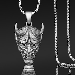 Hannya Mask Oxidized Necklace in Silver, Japanese Art Oni Mask Necklace For Boyfriend, Female Demon Necklace For Girlfriend, Devil Necklace