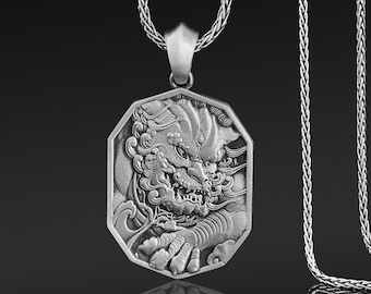 Guardian Lion Foo Dog Silver Men Charm Necklace Chinese