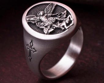 St. Michael Defeating Satan Ring - 925 Silver Archangel Protection Signet, Catholic Christian Jewelry for Men & Women