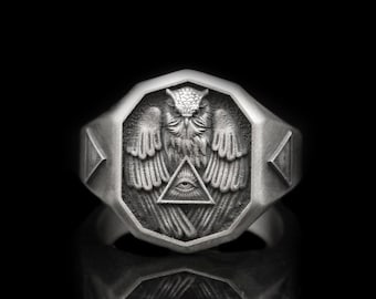 Silver Wise Owl Ring | 925K Sterling Silver Jewelry for Men | Graduation Gift Ideas | Illumunati Masonic Ring Exclusive Rings