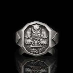 Silver Wise Owl Ring | 925K Sterling Silver Jewelry for Men | Graduation Gift Ideas | Illumunati Masonic Ring Exclusive Rings